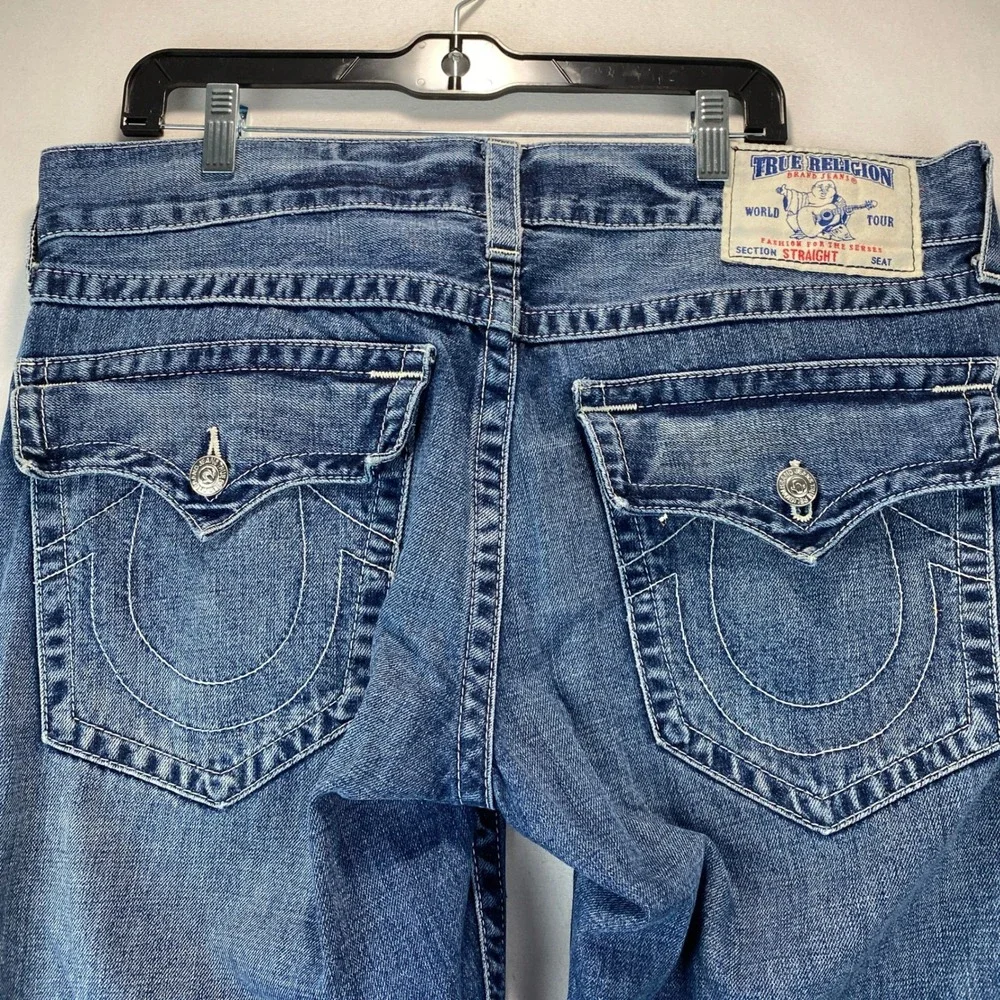 True Religion Straight W Flap Basic Mens 36 Blue Denim Jeans Contrast Stitching